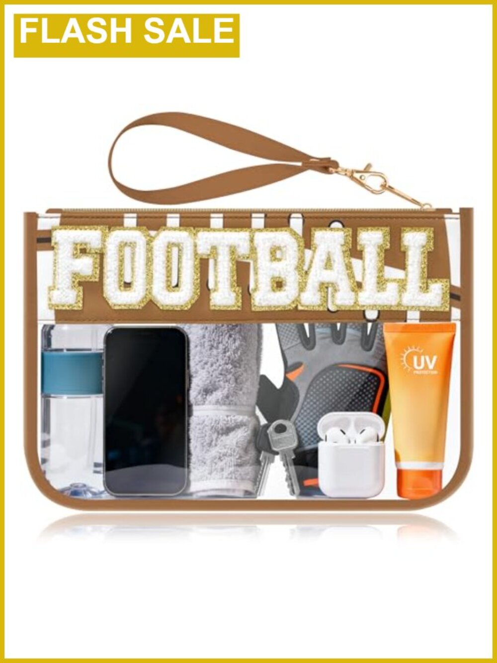Clear PVC Football Makeup Bag Chenille Letter Patch Waterproof Cosmetic Pouch